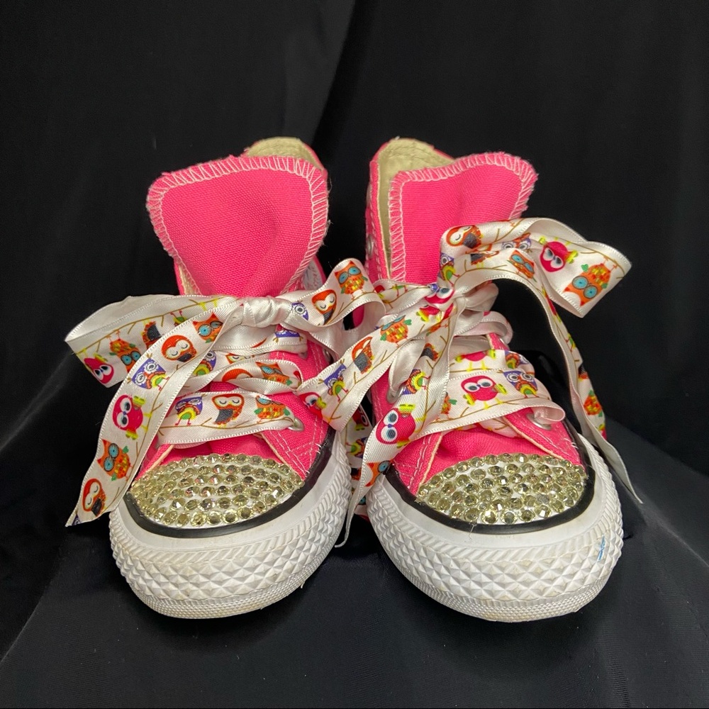 Converse sneakers little girls - Pink rhinestones and owl laces